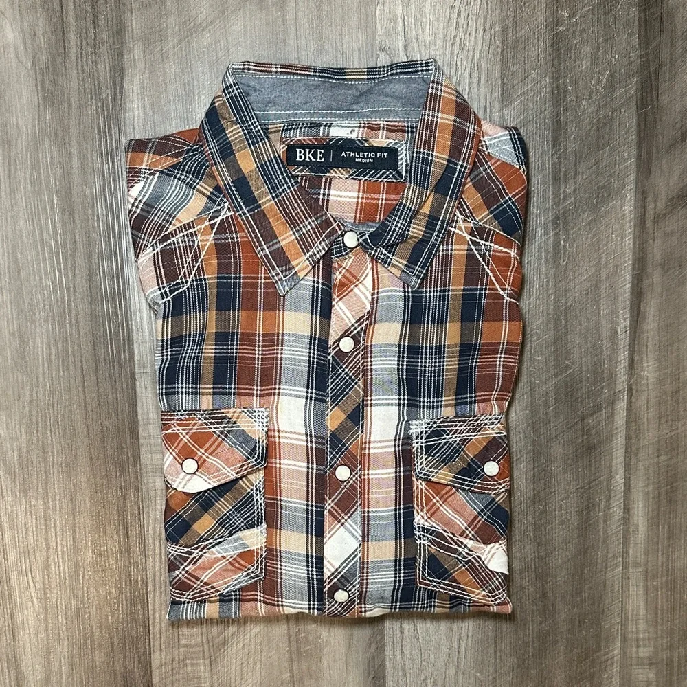 BKE Light Flannel Western Plaid Athletic Fit Long Sleeve Pearl Snap - Medium